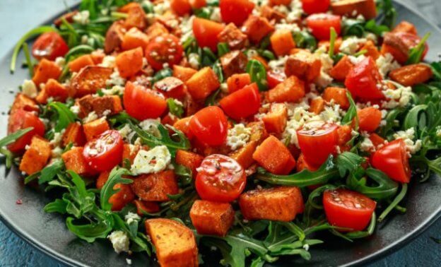 Gout Friendly Tomato, Sweet Potato, and Carrot Salad